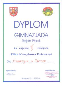 I miejsce w Piłce Koszykowej Dziewcząt- Gimnazjada Rejon Płock -13 XI 2009r.