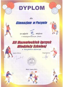 III miejsce w międzypowiatowym finale XII Mazowieckich Igrzysk Młodzieży Szkolnej w koszykówce dziewcząt - 5 marca 2010r.