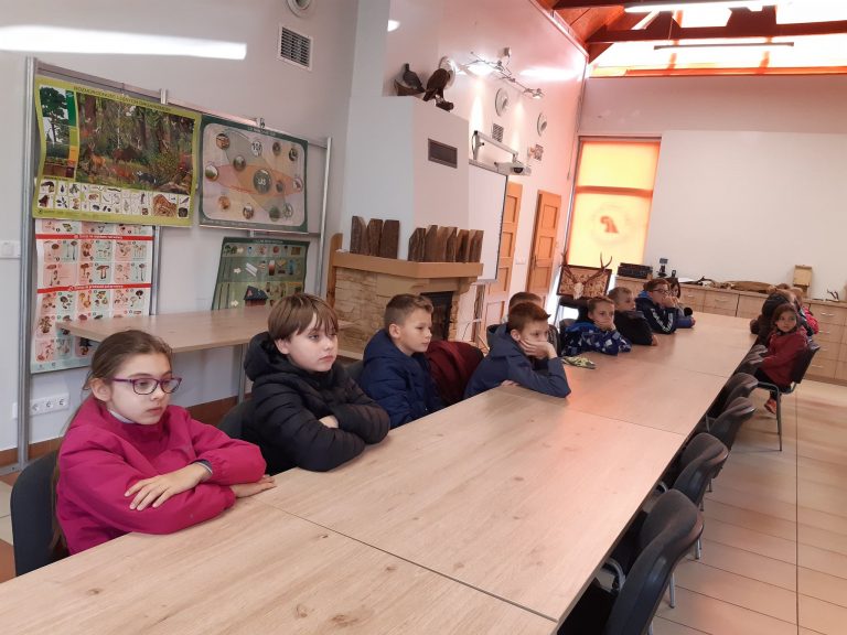 Uczniowie klasy IIIa w sali przyrodniczej nadleśnictwa Łąck.