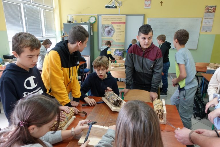 Uczniowie budują domki dla trzmielowatych