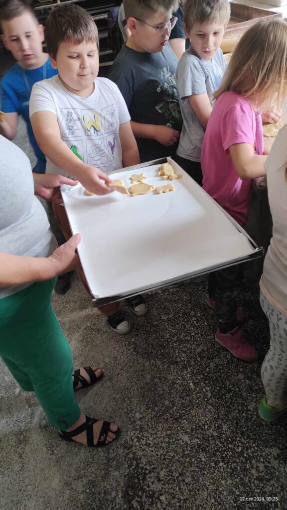 Układanie własnoręcznie wyciętych ciasteczek przez uczniów klasy II b