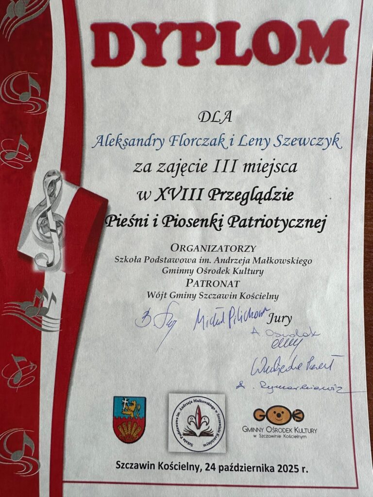 Dyplom za zajęcie III miejsca przez Aleksandrę Florczak i Lenę Szewczyk.